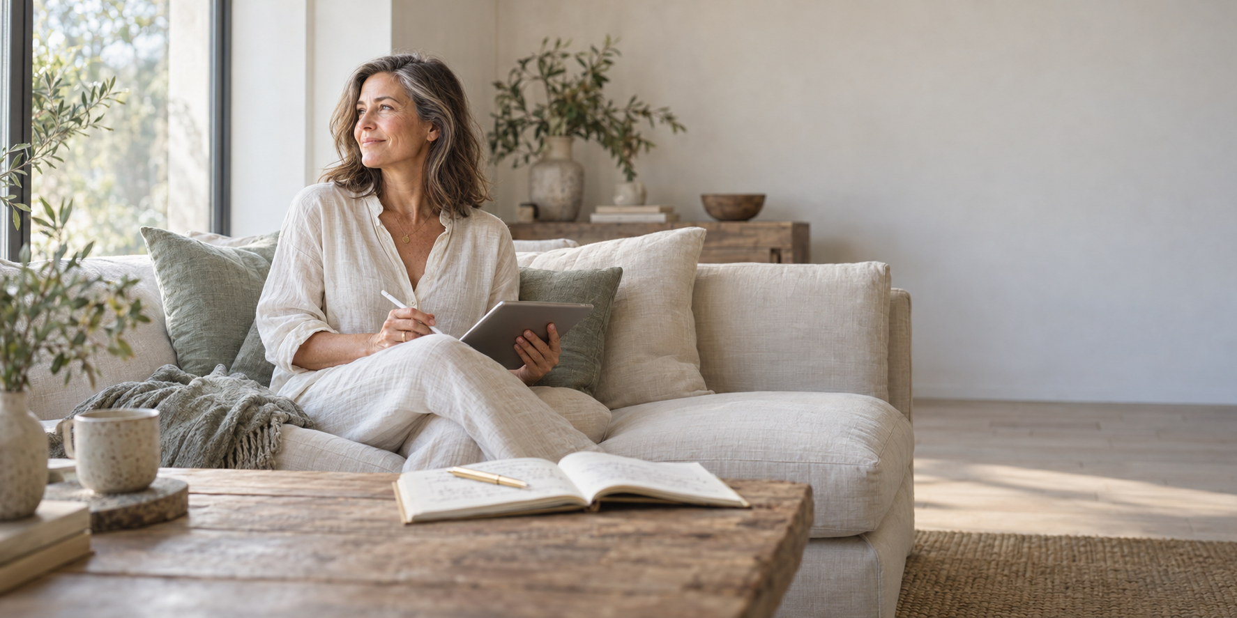 A woman enjoying a peaceful moment with her tablet beside a sunlit window in a warm, inviting living room